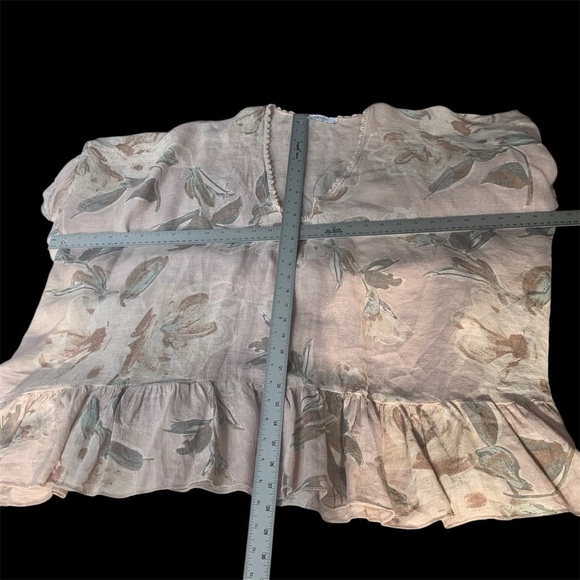 Angela Mara Linen Tunic V-neck Made in Italy Palest Pink Sage Floral Relaxed OS - Picture 8 of 9